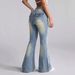 Women's Low Rise Flared Jeans European American Style Retro Washed Studded Pants Denim Casual High Waist Trousers_mkmklike.com