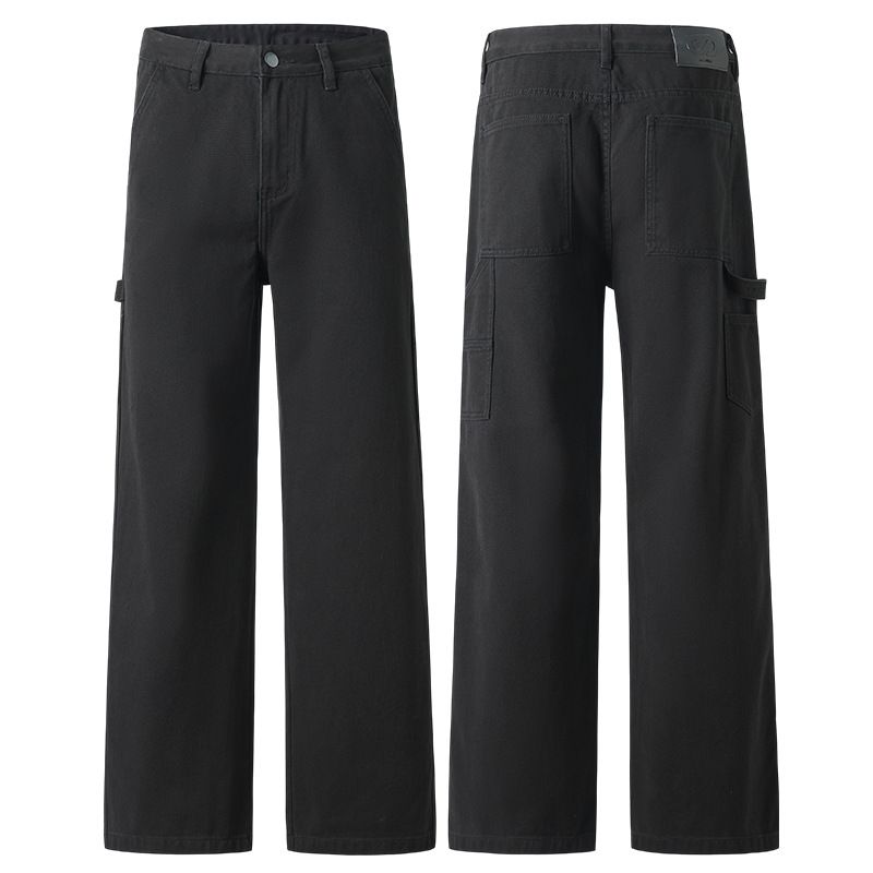 Men's Utility Cargo Jeans – 100% Cotton Workwear Pants With Patchwork Design, Cleanfit Street Style, Relaxed Straight Fit (S-2XL, Black/Khaki)_mkmklike.com