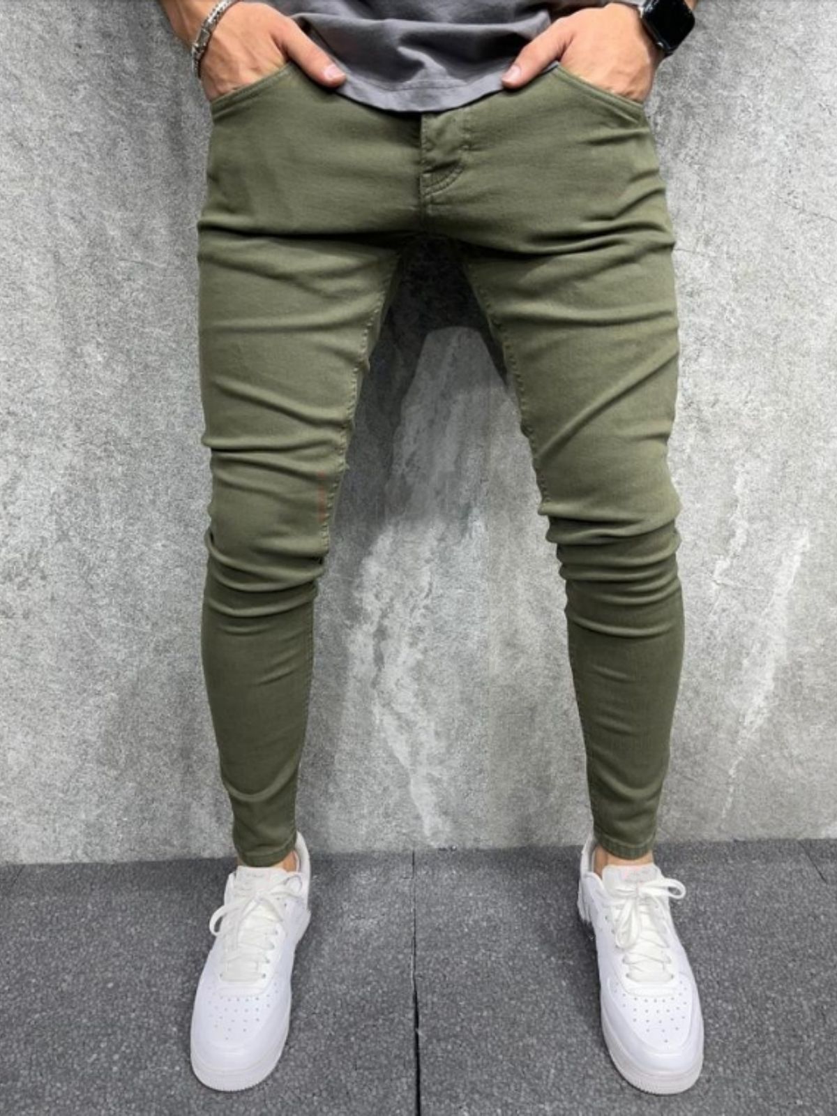 Men's Stretch Slim Fit Jeans - Comfortable Cotton Denim Pants For Everyday Wear (Military Green)_mkmklike.com