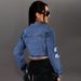 Women's Distressed Denim Jacket With Fringe Detail - Slim Fit Long Sleeve Blue Denim Shirt For Casual & Office Wear_mkmklike.com