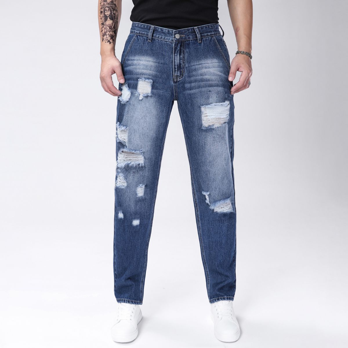 Men's Ripped Jeans Straight Leg Non Elastic Motorcycle Street Chic Blue Denim Pants Slim Straight Leg Pants_mkmklike.com