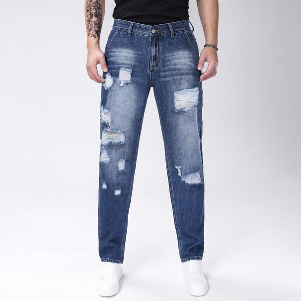 Men's Ripped Jeans Straight Leg Non Elastic Motorcycle Street Chic Blue Denim Pants Slim Straight Leg Pants_mkmklike.com