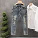 Men's Slim Fit Stretch Jeans - Vintage Ripped Denim Pants With Splatter Wash, Comfortable Skinny Tapered Leg For Casual Streetwear_mkmklike.com