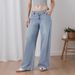 Women's Asymmetrical Low-Rise Straight Leg Jeans - Stretch Denim Pants With Button Detail, Dark Blue/Blue/Light Blue/Black For Casual Wear_mkmklike.com