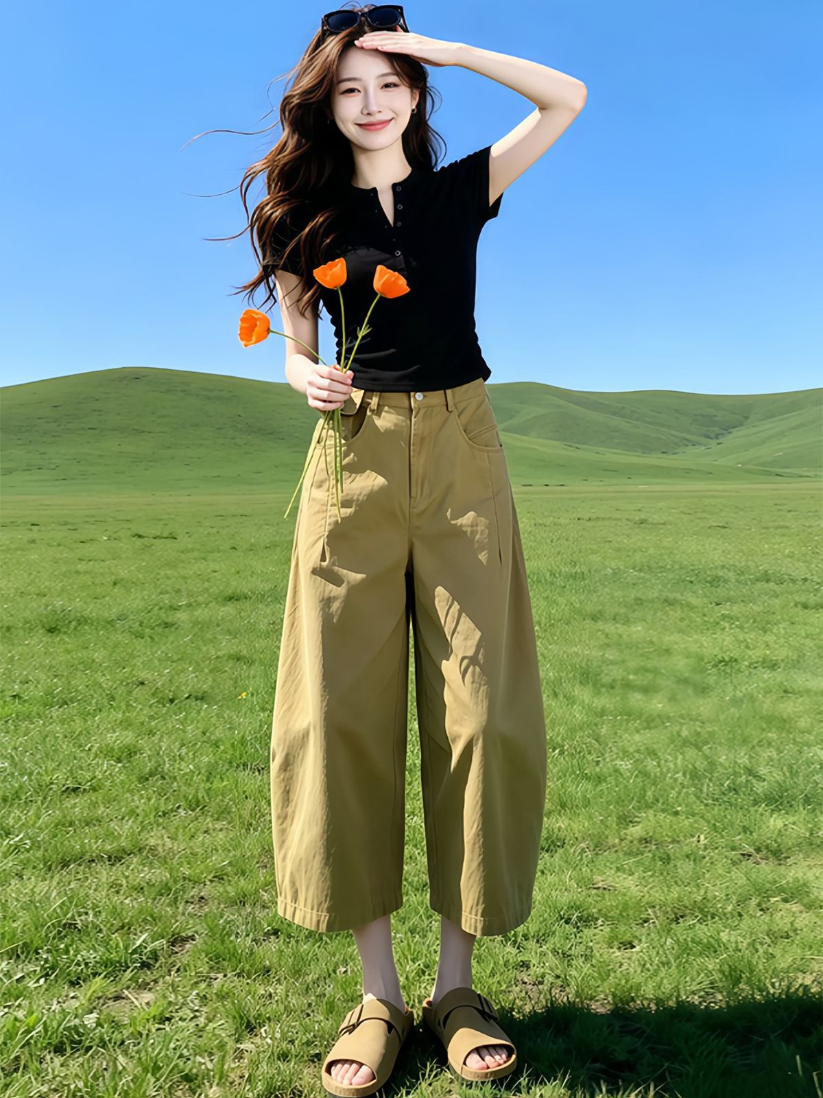 Gray Cargo Jeans for Women High Waist Wide Leg Casual Cropped Pants Slimming High Street Loose Fit New Summer Lazy Style_mkmklike.com