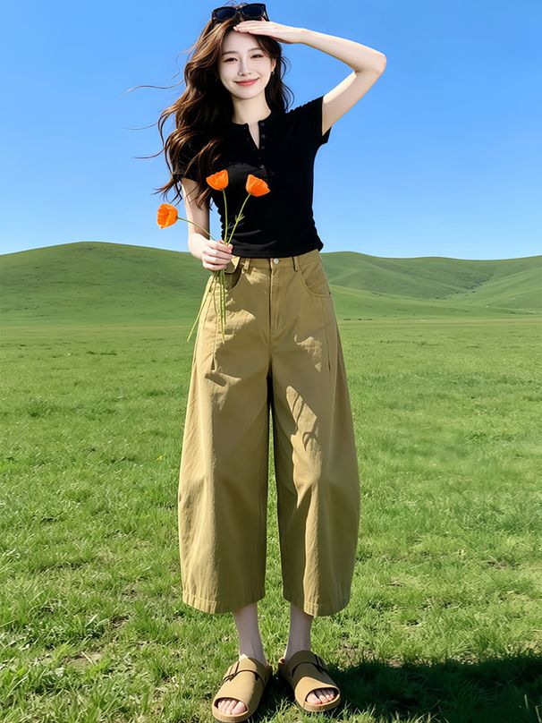 Gray Cargo Jeans for Women High Waist Wide Leg Casual Cropped Pants Slimming High Street Loose Fit New Summer Lazy Style_mkmklike.com