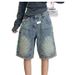 Unisex Retro Washed Design Straight Leg Cargo Denim Shorts Trendy Brand Loose Fitting Cross Border American Style Distressed_mkmklike.com