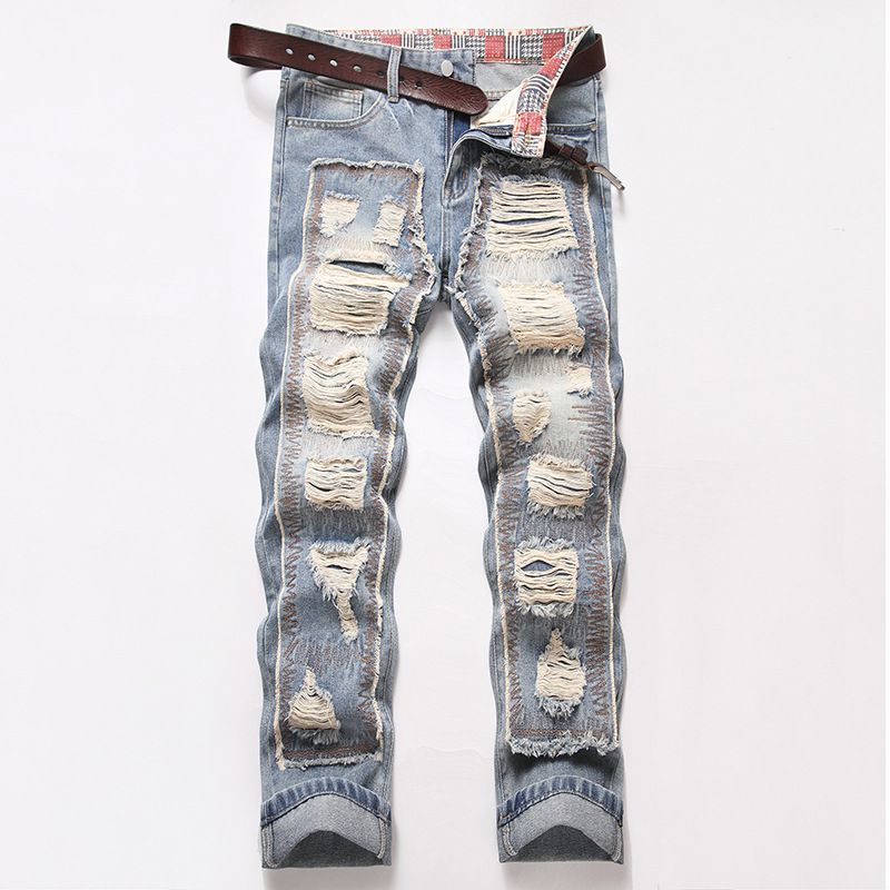 Young Men's Street Style Heavy Duty Ripped And Patched Fashionable Personality Denim Trousers_mkmklike.com