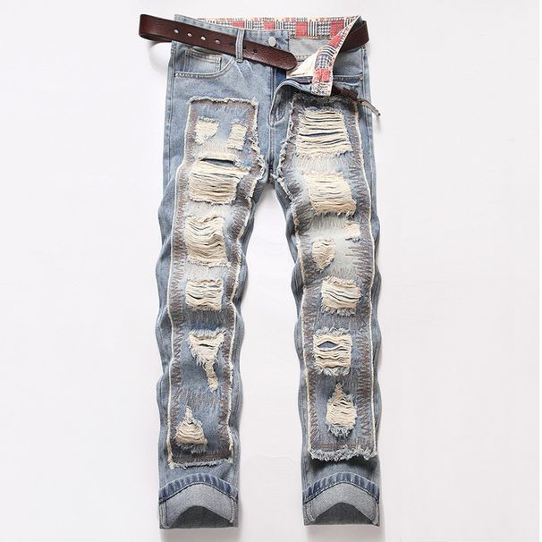 Young Men's Street Style Heavy Duty Ripped And Patched Fashionable Personality Denim Trousers_mkmklike.com