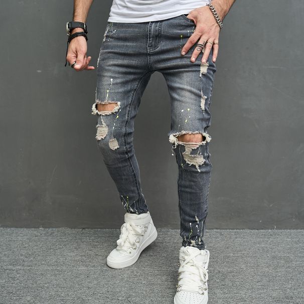 Men's Stretch Skinny Jeans With Knee Rips - Vintage Washed Denim Pants For Casual Wear (Sizes 28-38)_mkmklike.com