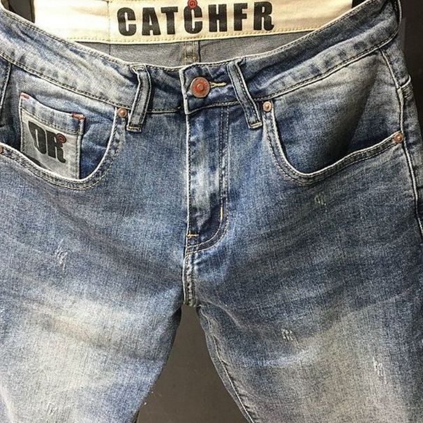 Men's High-End Retro Style Korean Trendy Summer Denim Shorts Low Waist Stretch Slim Fit Blue Jeans Five Point Pants_mkmklike.com