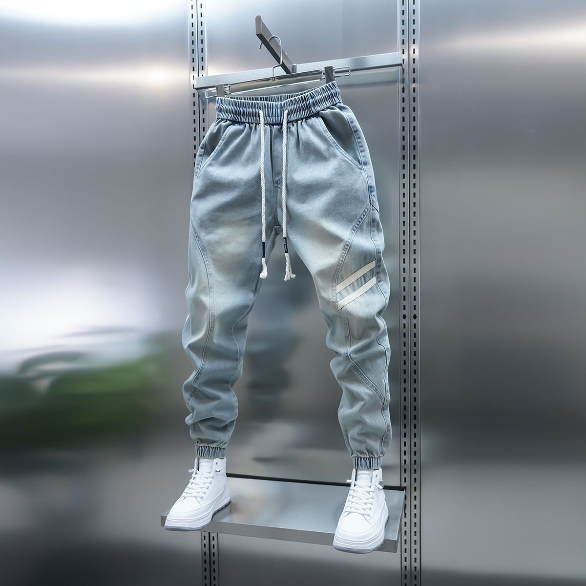 Men's Light Blue Harem Jeans – Spring & Autumn Casual Pants With Cuff Stitching, Youthful & Versatile Fit_mkmklike.com