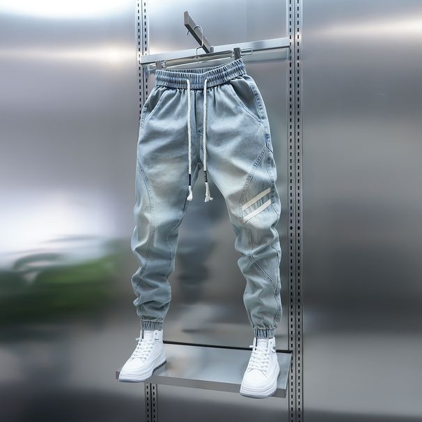 Men's Light Blue Harem Jeans – Spring & Autumn Casual Pants With Cuff Stitching, Youthful & Versatile Fit_mkmklike.com