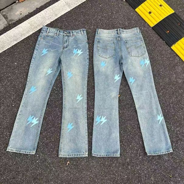 Men's Clothing Pure Replica Blue Flared Jeans Lightning Embroidered High Street Style Slim Fit Straight Leg Trousers_mkmklike.com