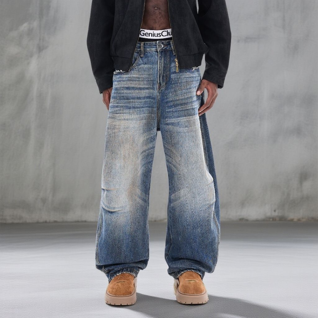 Men's Classic Blue Washed Straight Leg Jeans - Vintage Denim Pants With Hand-Painted Details Relaxed Straight Fit_mkmklike.com