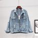 Women's Distressed Denim Jacket, Casual Loose Fit Ripped Jean Coat, Long Sleeve Button Down Trucker Jacket, Daily Streetwear Outwear For Spring Autumn_mkmklike.com