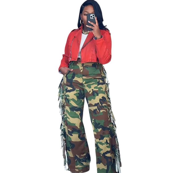 Women's Camouflage Wide Leg Pants European American Style Fashion Hot Girl Frayed Side Design Jeans_mkmklike.com