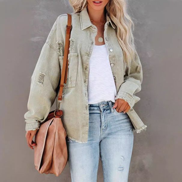 Distressed Denim Jacket For Women - Vintage Washed Long Sleeve Oversized Denim Coat With Frayed Details, Casual Streetwear_mkmklike.com