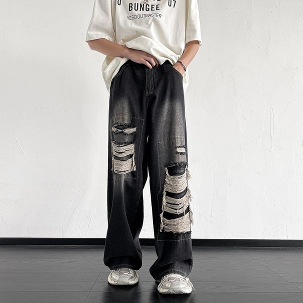 Men's Clothing Retro Patch Ripped Jeans Men's Design Japanese Summer Ins Trend Loose Versatile Wide Leg Long Pants_mkmklike.com