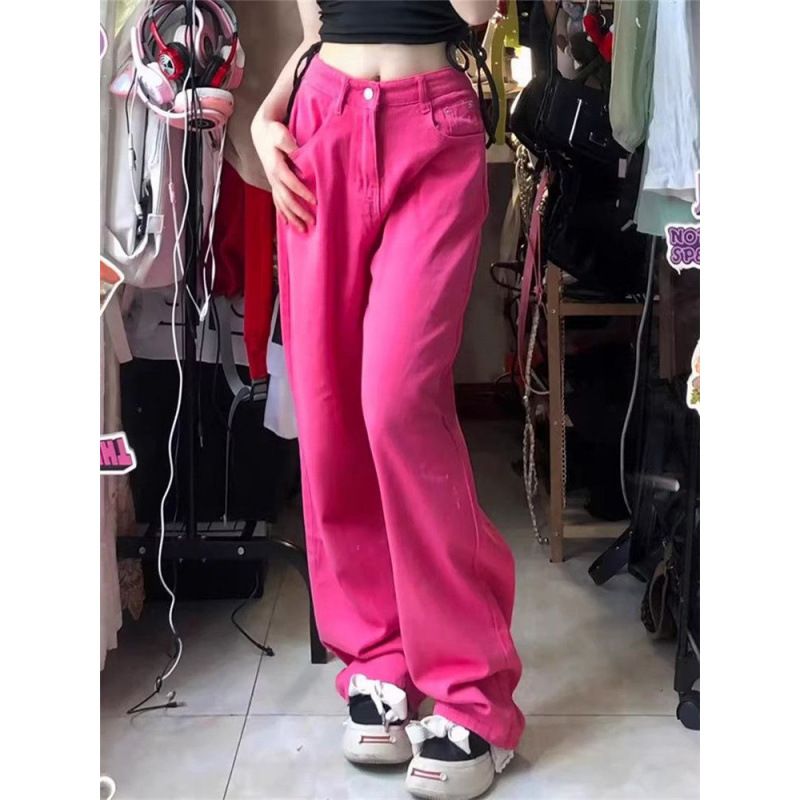 Women's Clothing Rose Red Pink Summer Loose Straight Pink High Street Retro Red Jeans Trousers Men And Women_mkmklike.com