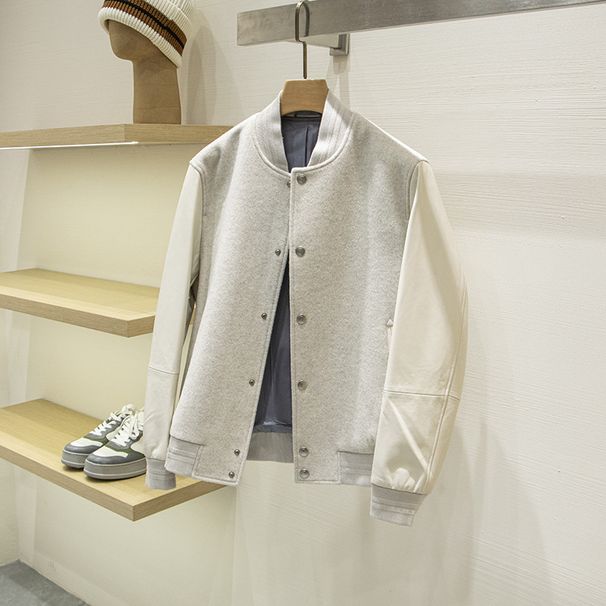 BC Edition Light Luxury Fashion! Merino Wool Patchwork Sheepskin Sleeve Autumn Winter Baseball Collar Woolen Coat Jacket_mkmklike.com