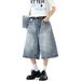American Buckle Denim Shorts Men's And Women's Summer Retro Washed Seven-point Pants High Street Design Wide-leg Medium Pants_mkmklike.com