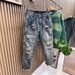 Men's American Style Ripped Jeans High Street Tapered Patched And Embroidered Trendy Versatile Blue Trousers For New Spring_mkmklike.com