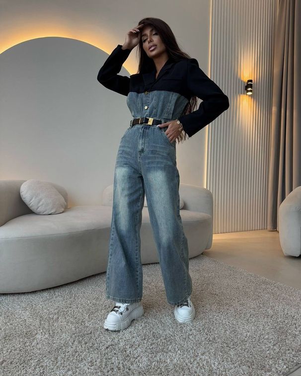 Women's Clothing Stitching Denim Jumpsuit High Waist Casual Straight Denim High Waist Straight Leg Casual Overalls Long Sleeve Stitching Design_mkmklike.com