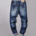 Men's Slim Fit Distressed Jeans – Patchwork Blue Washed Skinny Denim Pants (Sizes 28-38, Korean Street Style, Stretch Comfort)_mkmklike.com