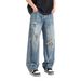 Summer New American Retro Vintage Heavy Washed Ripped Jeans Men's Loose Wide-leg Scimitar Pants_mkmklike.com