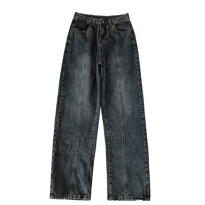 Unisex American Retro High Street Style Double Stitched Jeans Straight Wide Leg Pants Monkey Pocket Embroidered_mkmklike.com