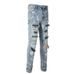 Men's Clothing Washed Cat Whisker Wrinkled Holes Splash Diamond Blue Elastic Slim Fit Skinny Jeans_mkmklike.com