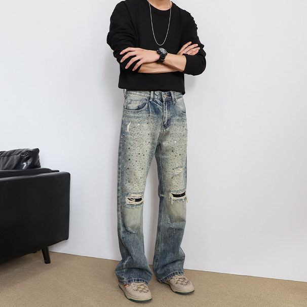 American High Street Style Men's Distressed Jeans With Rhinestones And Hot Stamping, Loose Fit, Straight Leg, And Slightly Flared, 2026 New Style._mkmklike.com