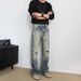 American High Street Style Men's Distressed Jeans With Rhinestones And Hot Stamping, Loose Fit, Straight Leg, And Slightly Flared, 2026 New Style._mkmklike.com