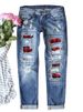 Women's Clothing Straight Jeans Women's Clothing New Red Plaid Printed Patch Ripped Patch Trousers In Stock_mkmklike.com