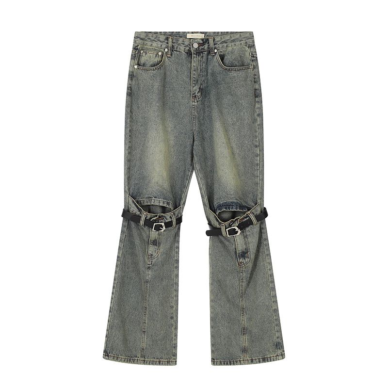 Men's Clothing American Street Retro Knee Hole Belt Jeans Unisex European And American Punk Motorcycle Work Pants Trendy_mkmklike.com