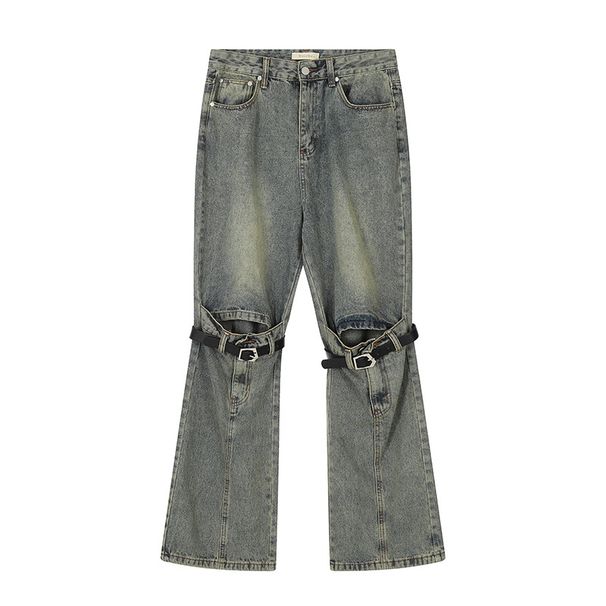 Men's Clothing American Street Retro Knee Hole Belt Jeans Unisex European And American Punk Motorcycle Work Pants Trendy_mkmklike.com