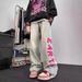 Rose Red Plush Letter Design, Niche Jeans, Oldschool American Style Pants, Trendy Straight Leg Pants_mkmklike.com