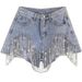 Heavy Duty High Waisted Slimming Hot Pants For Women With Beading Sequins Tassels Ripped Denim Frayed Edges Summer Fashion_mkmklike.com