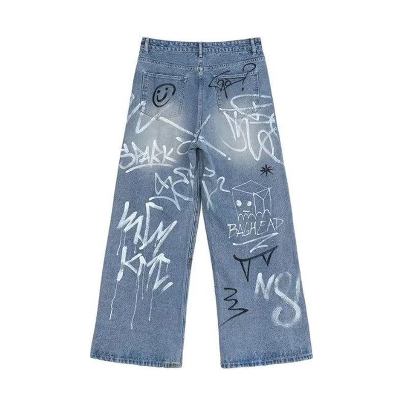 Men's Vintage Straight Leg Jeans With Fun Graffiti Design - High Street Fashion, Slim Fit, Cotton Denim For Autumn_mkmklike.com