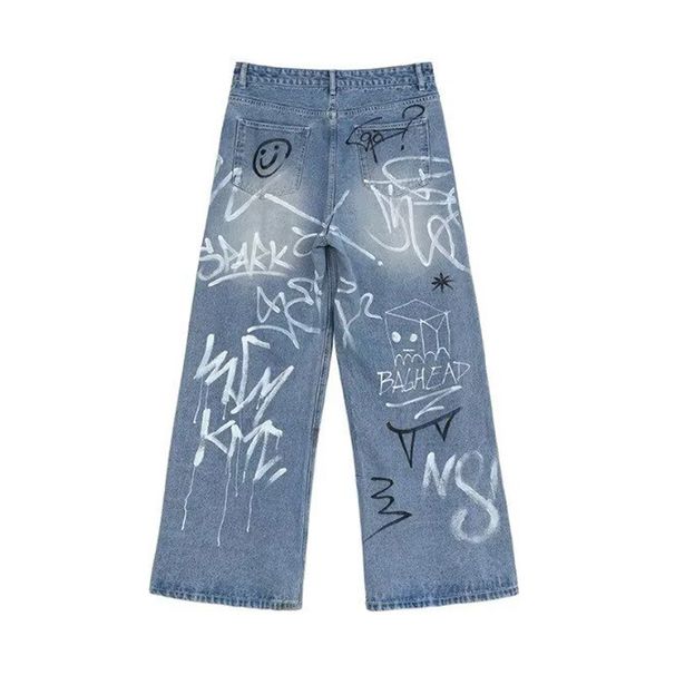 Men's Vintage Straight Leg Jeans With Fun Graffiti Design - High Street Fashion, Slim Fit, Cotton Denim For Autumn_mkmklike.com