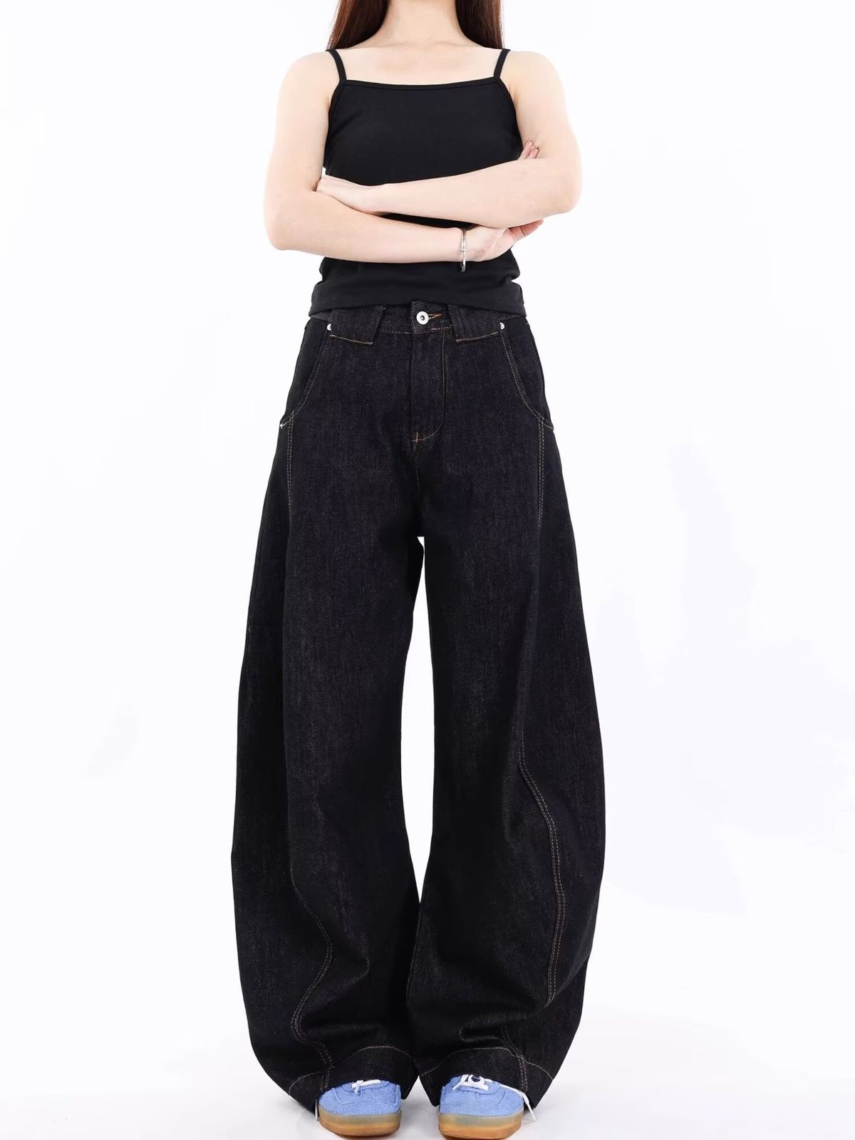 Men's Retro Style Wide Leg Jeans Curved Pocket High Street Design Loose Fit Floor Length Pants For Spring Autumn_mkmklike.com
