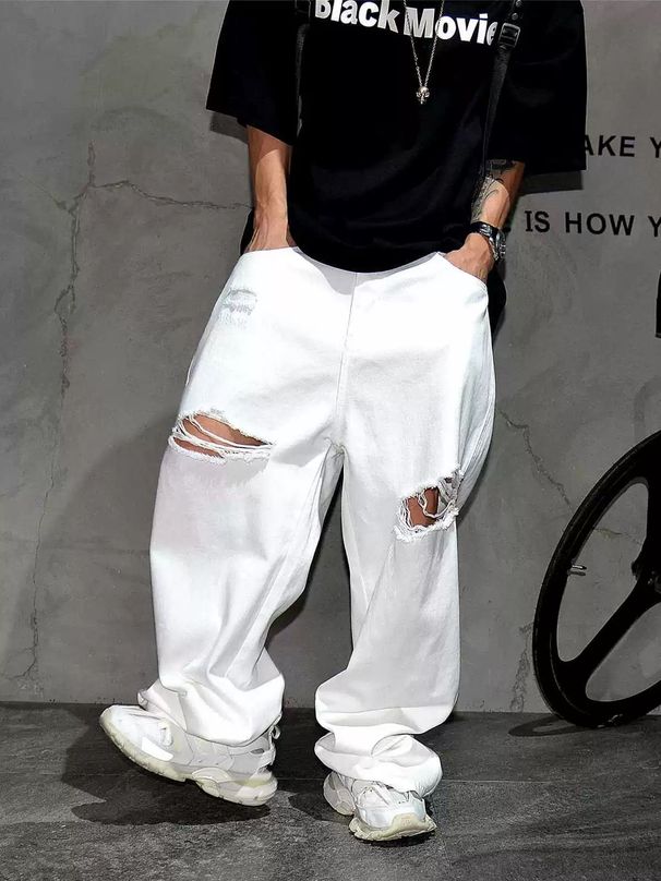 Vibe White Distressed Wide Leg Jeans for Men American High Street Style Relaxed Fit Straight Leg Stacked Design_mkmklike.com