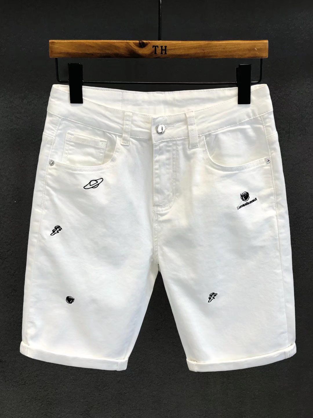 Men's Slim Fit Embroidered White Denim Casual Pants Tapered Leg Midweight Polyester Trendy Streetwear Jeans_mkmklike.com