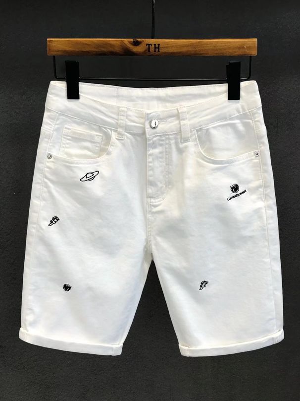 Men's Slim Fit Embroidered White Denim Casual Pants Tapered Leg Midweight Polyester Trendy Streetwear Jeans_mkmklike.com