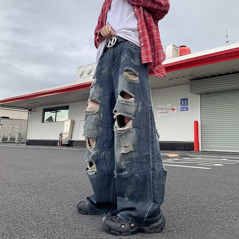 Men's Distressed Flared Jeans High Street Style Washed Wide Leg Trousers New Fashion Whiskered Design_mkmklike.com