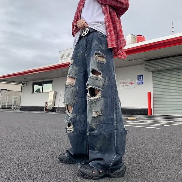 Men's Distressed Flared Jeans High Street Style Washed Wide Leg Trousers New Fashion Whiskered Design_mkmklike.com