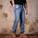 European Men's Slim Fit Jeans Stretch Sky Blue Embroidered Straight Leg Casual Trousers mid Waist Long Jeans for Men_mkmklike.com