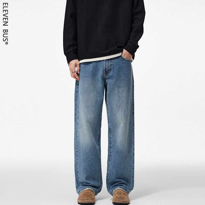 Clanfit Men's American Vintage Straight Leg Jeans – Cleanfit Washed Denim, Relaxed Fit, 100% Cotton (Sizes 28-38)_mkmklike.com