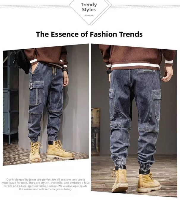 Men's Clothing American Retro Distressed Washed Cargo Jeans Trendy Multi Pocket Denim_mkmklike.com